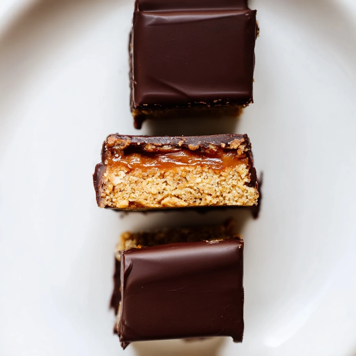 Healthy Twix bars cut into squares revealing nutty crust and silky caramel filling