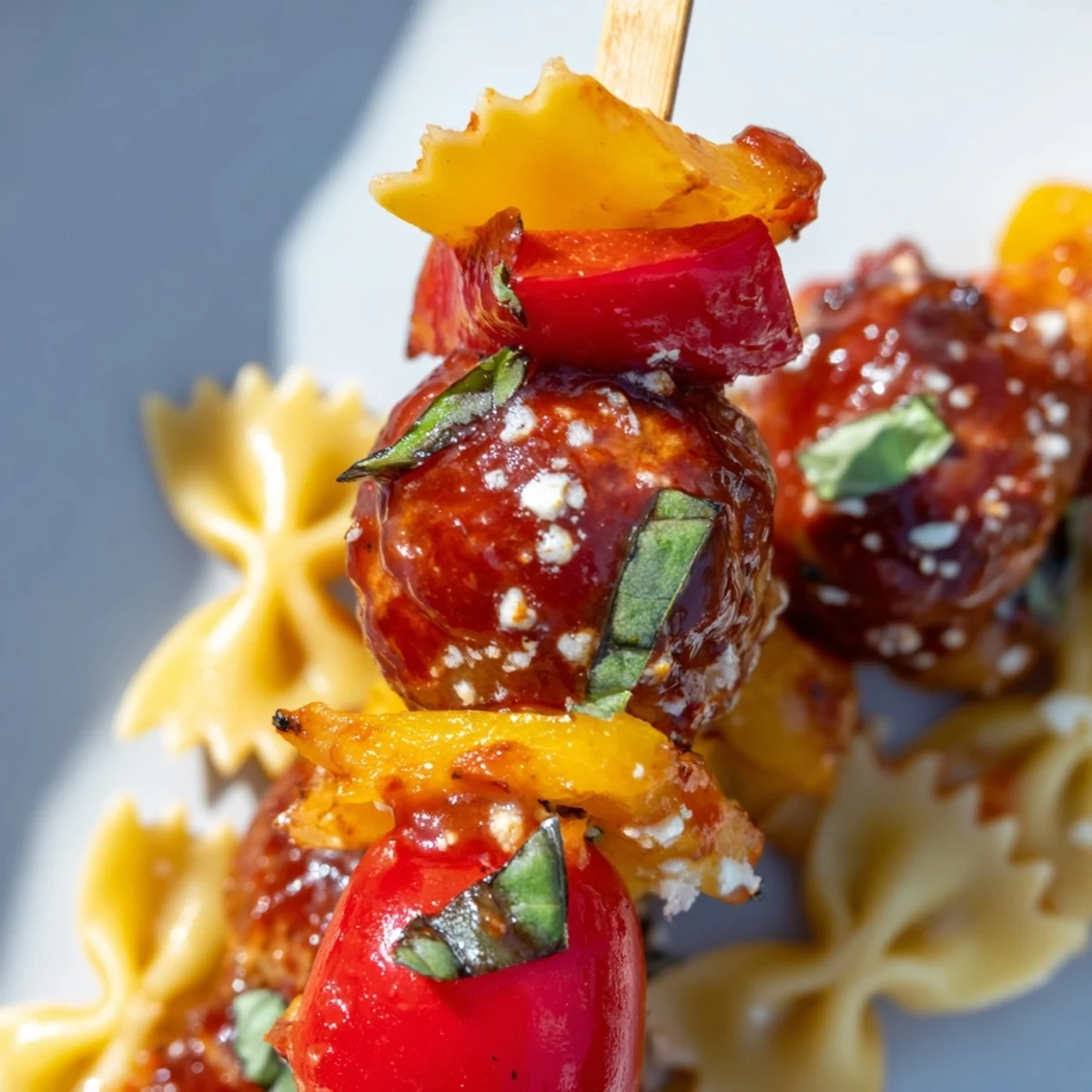 Bowtie pasta and cocktail meatball skewers arranged on a platter with colorful bell peppers and grape tomatoes