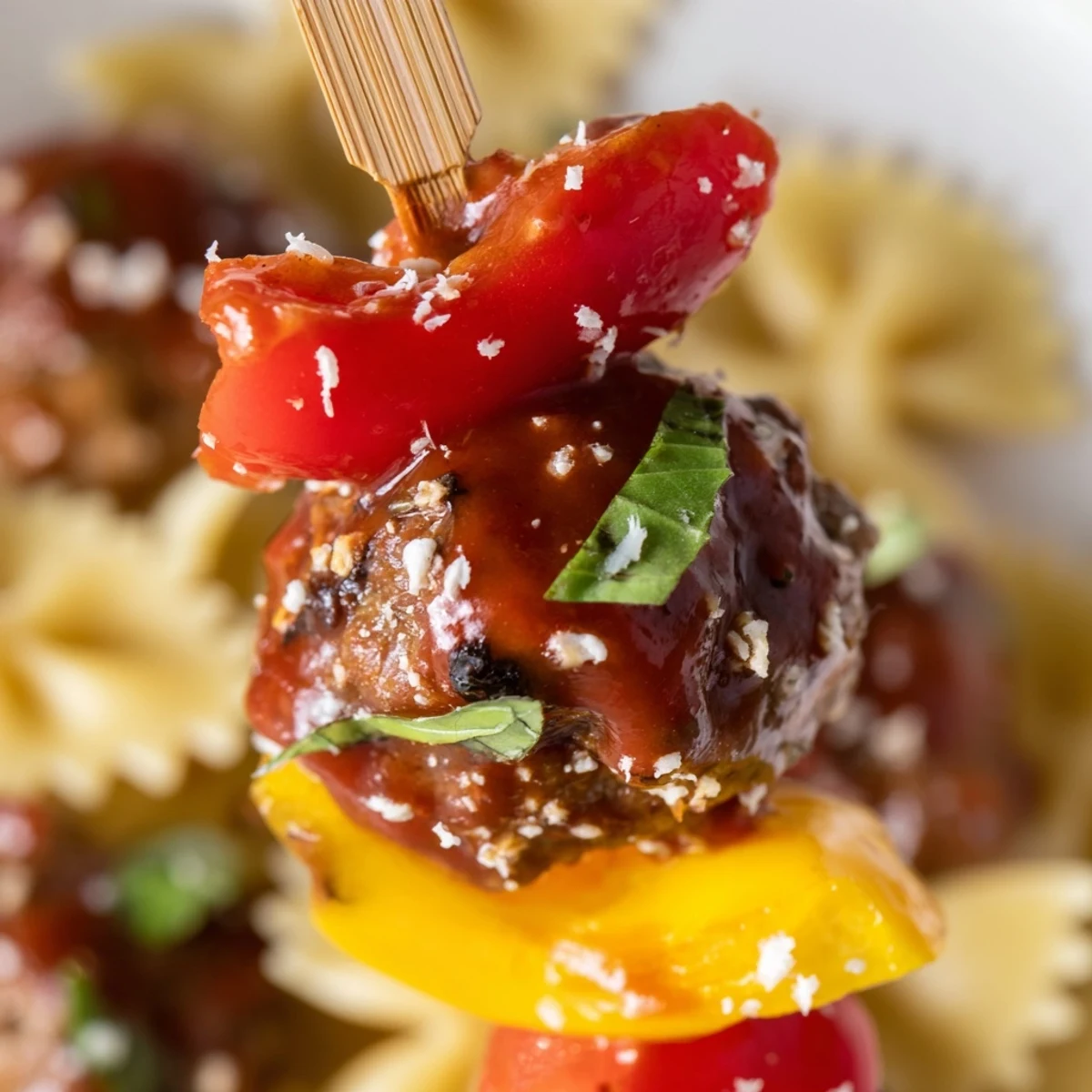Bowtie Pasta and Cocktail Meatball Skewers