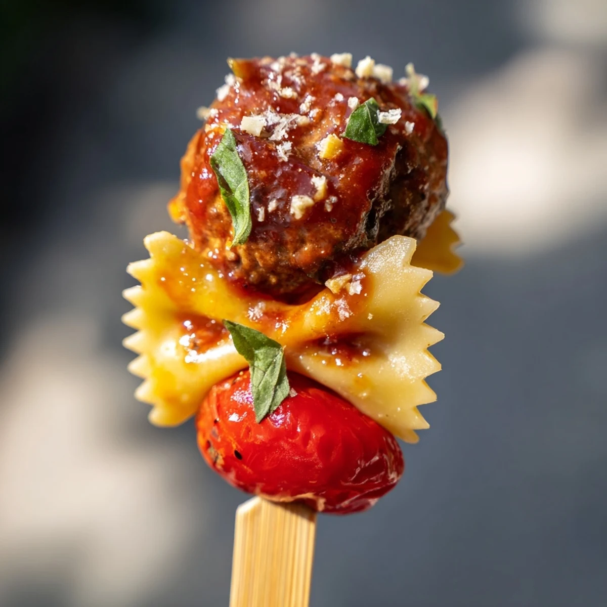 Glazed meatballs alternating with bowtie pasta and crisp vegetables on wooden skewers for easy party serving