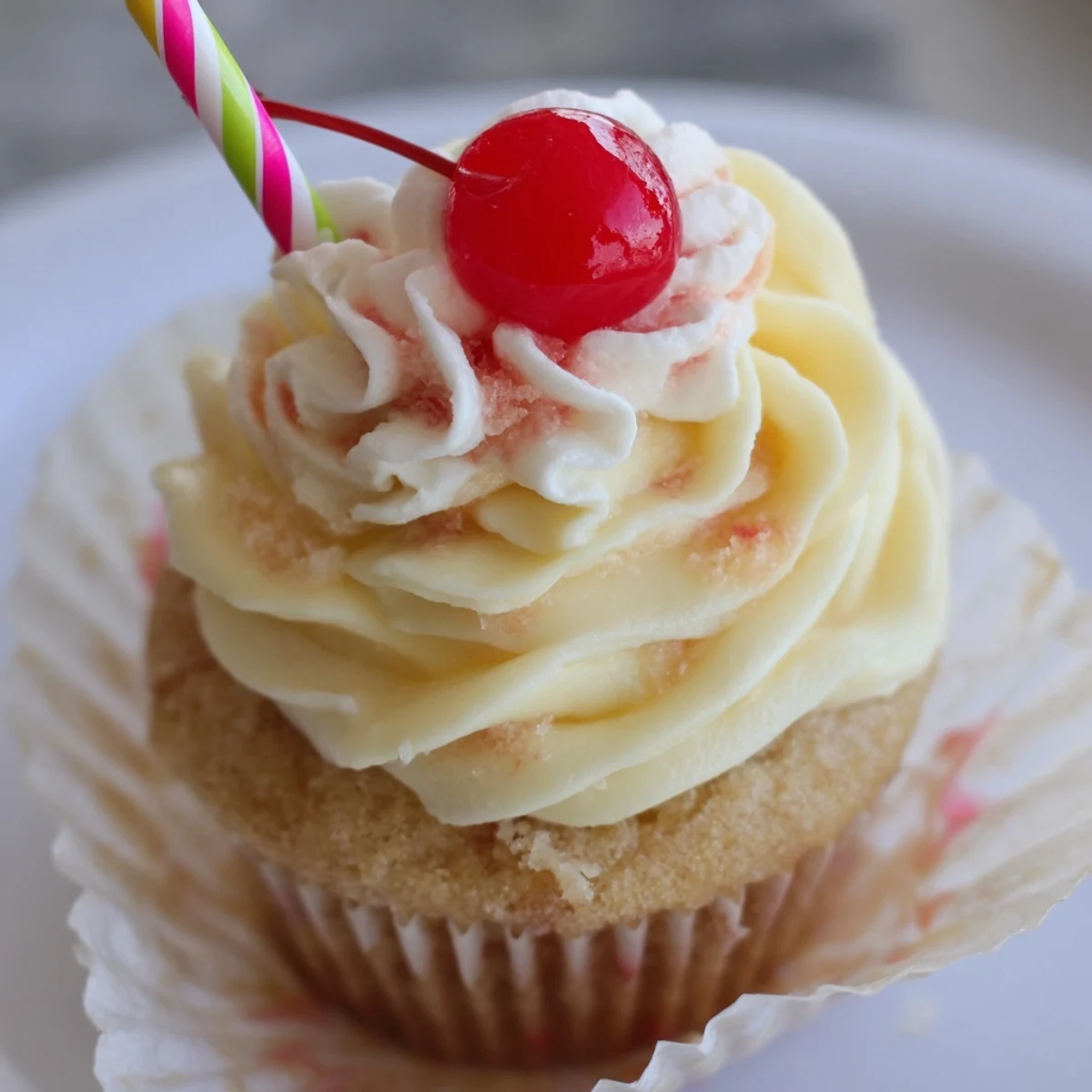 Moist banana milkshake cupcakes topped with creamy vanilla frosting and bright red maraschino cherries