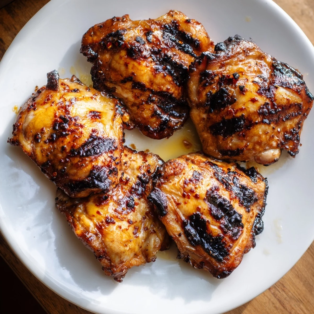 Golden crispy chicken thighs glazed with killer chicken thigh marinade fresh off the grill