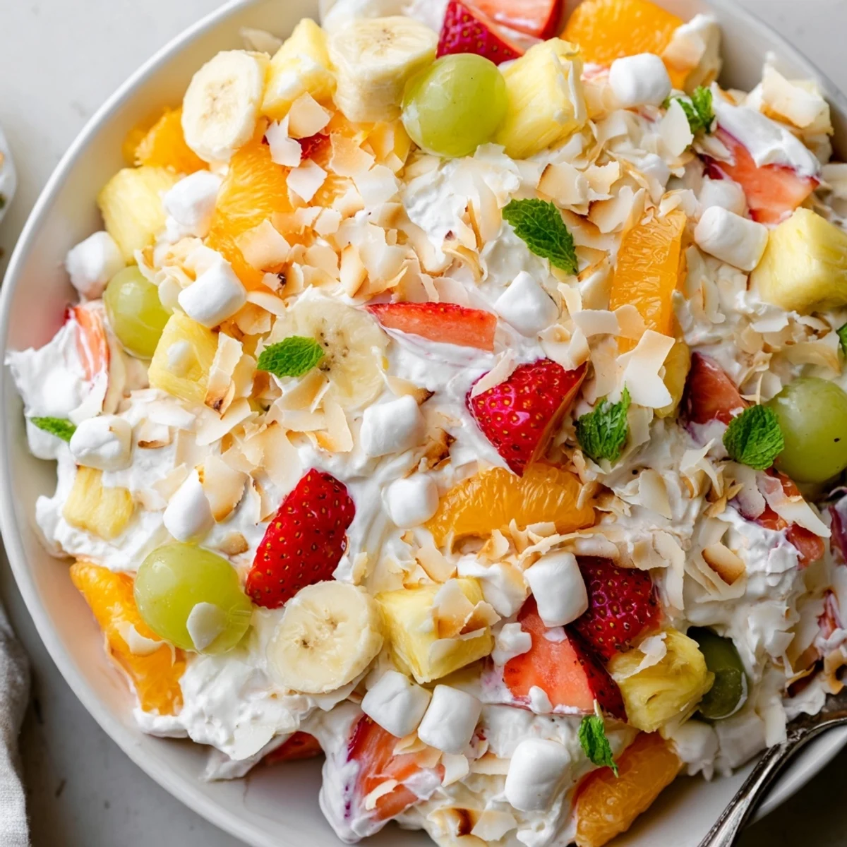 Hawaiian cheesecake salad served chilled in a glass bowl with fresh strawberries and pineapple