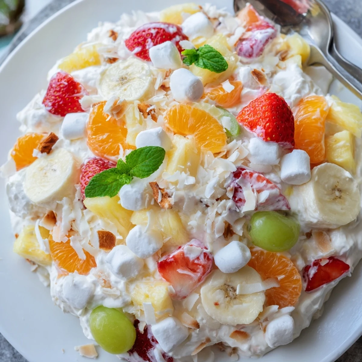 Creamy Hawaiian cheesecake salad bursting with juicy tropical fruits and toasted coconut