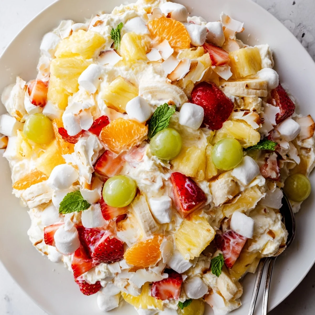 Velvety Hawaiian cheesecake salad topped with mandarin oranges, grapes, and a mint garnish