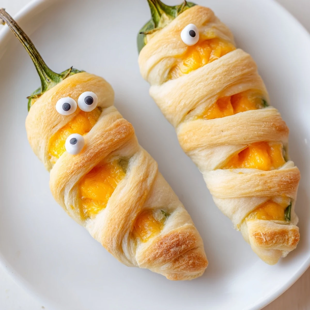 Crispy golden Mummy Jalapeno Poppers with melty cheese filling and candy eyes on a rustic baking sheet.