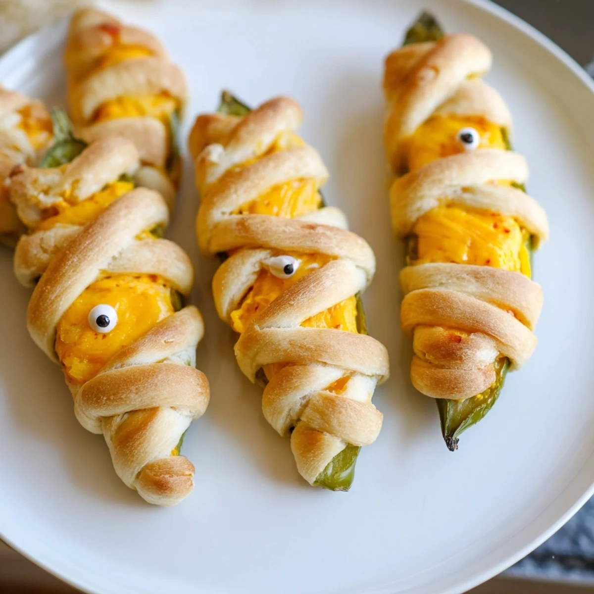 Creamy cheesy Mummy Jalapeno Poppers wrapped in flaky crescent dough bandages served warm for Halloween.