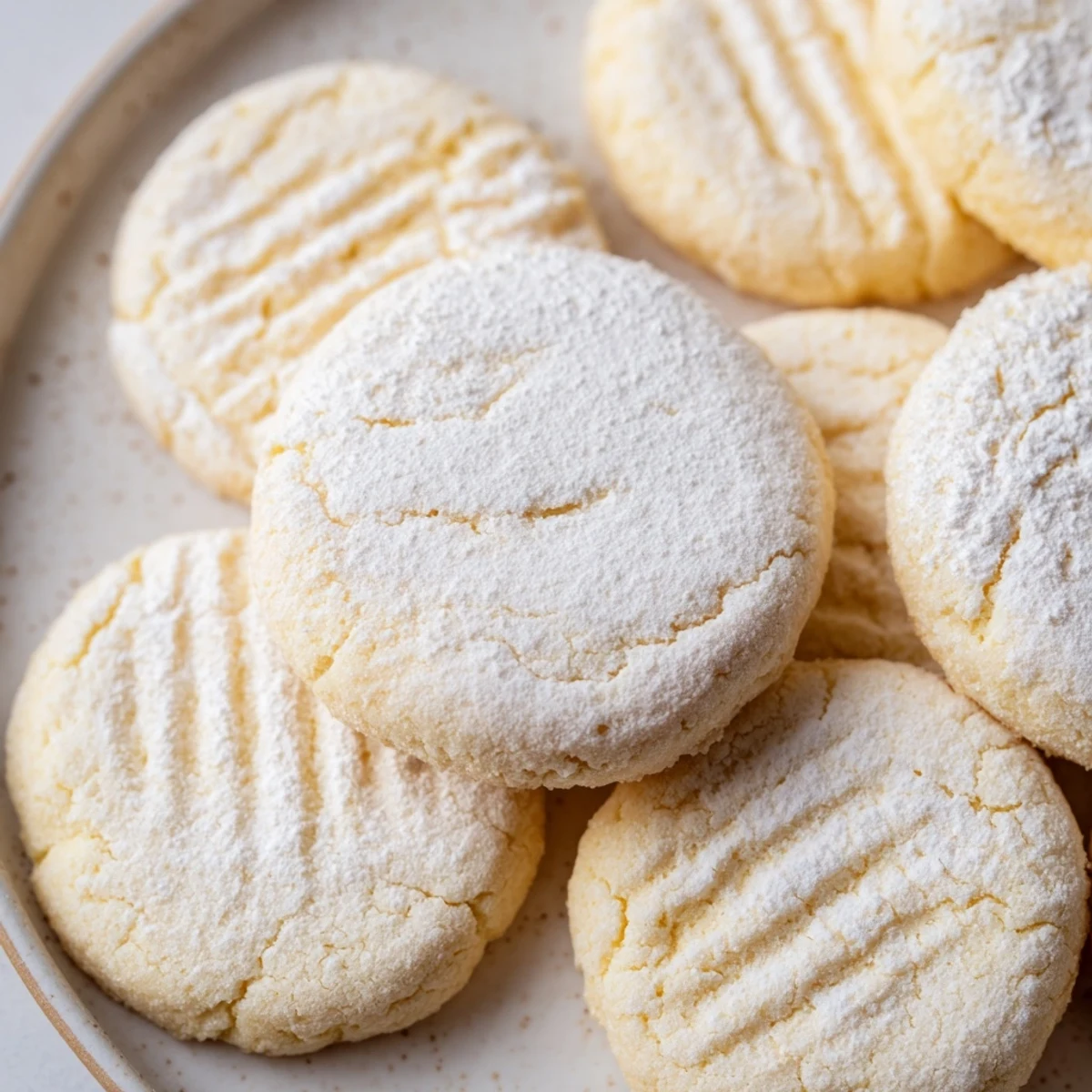 Golden Grandma's Secret Butter Cookies dusted with powdered sugar on a rustic baking sheet