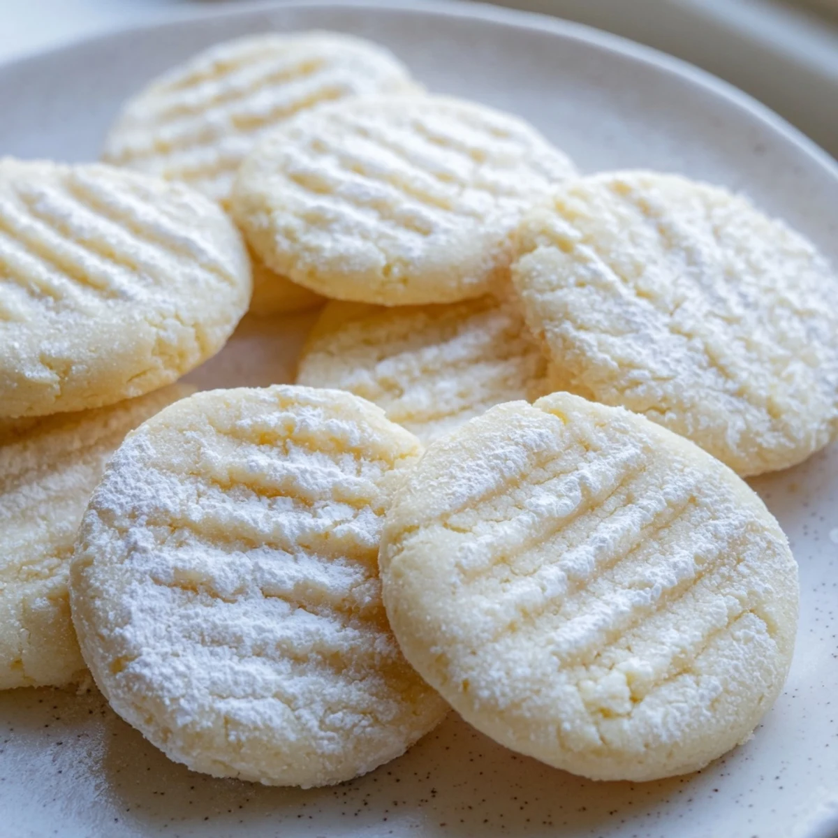 A plate of warm Grandma's Secret Butter Cookies served alongside a steaming cup of tea