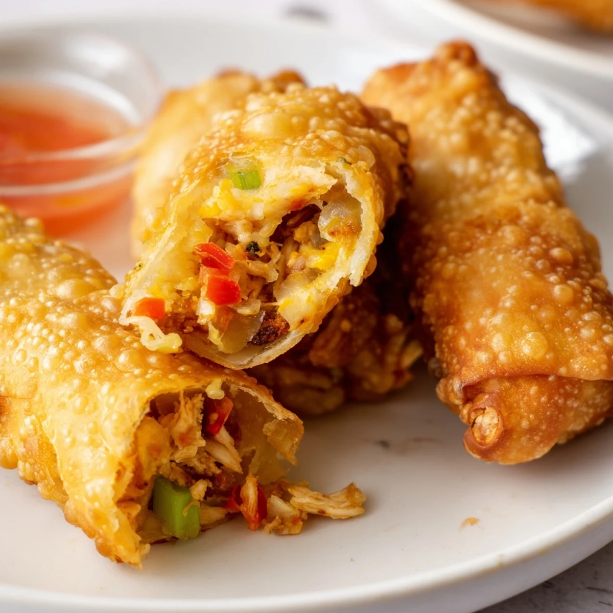 Golden crispy voodoo egg rolls stacked on a plate with spicy dipping sauce