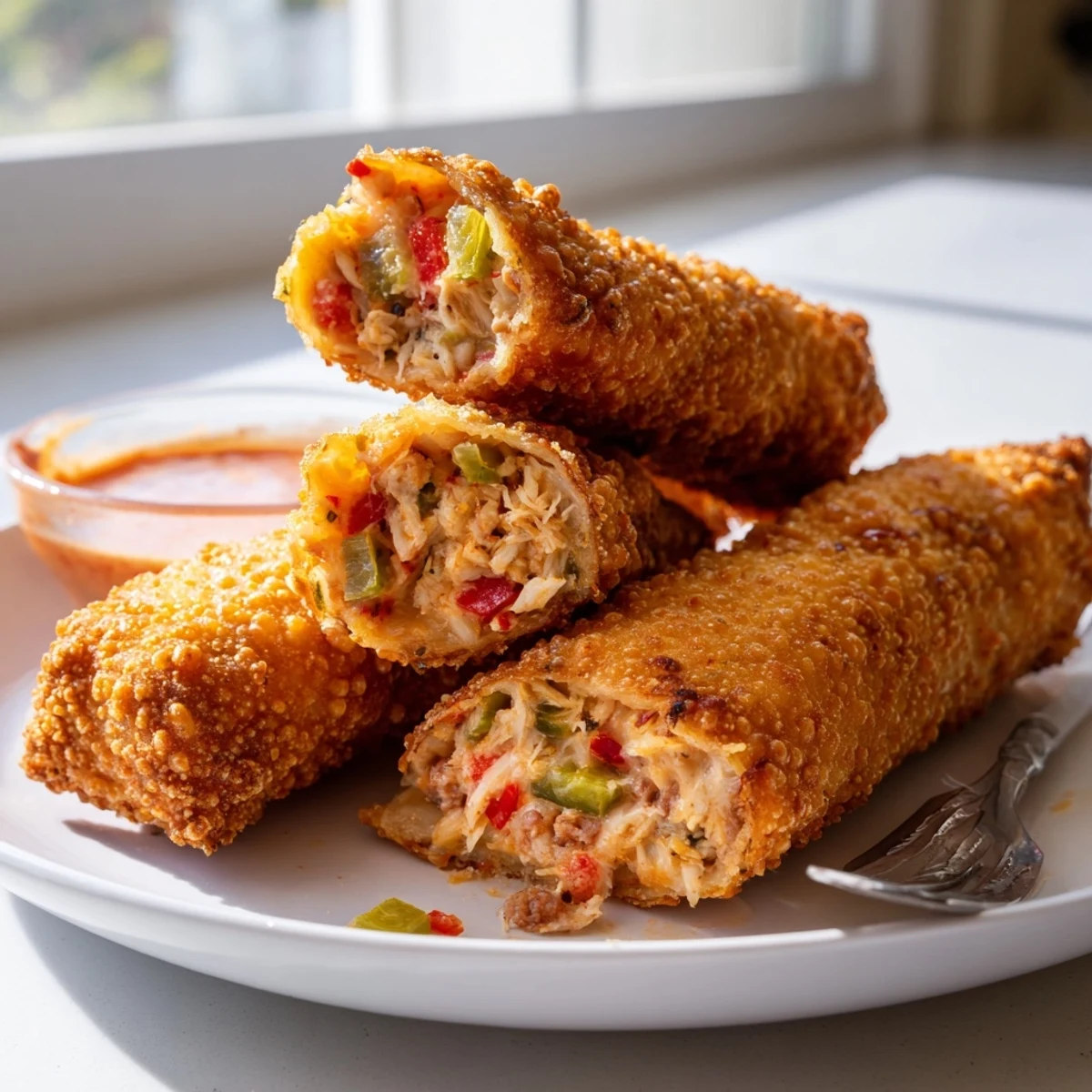 Crispy fried voodoo egg rolls filled with spicy andouille sausage and melted cheddar