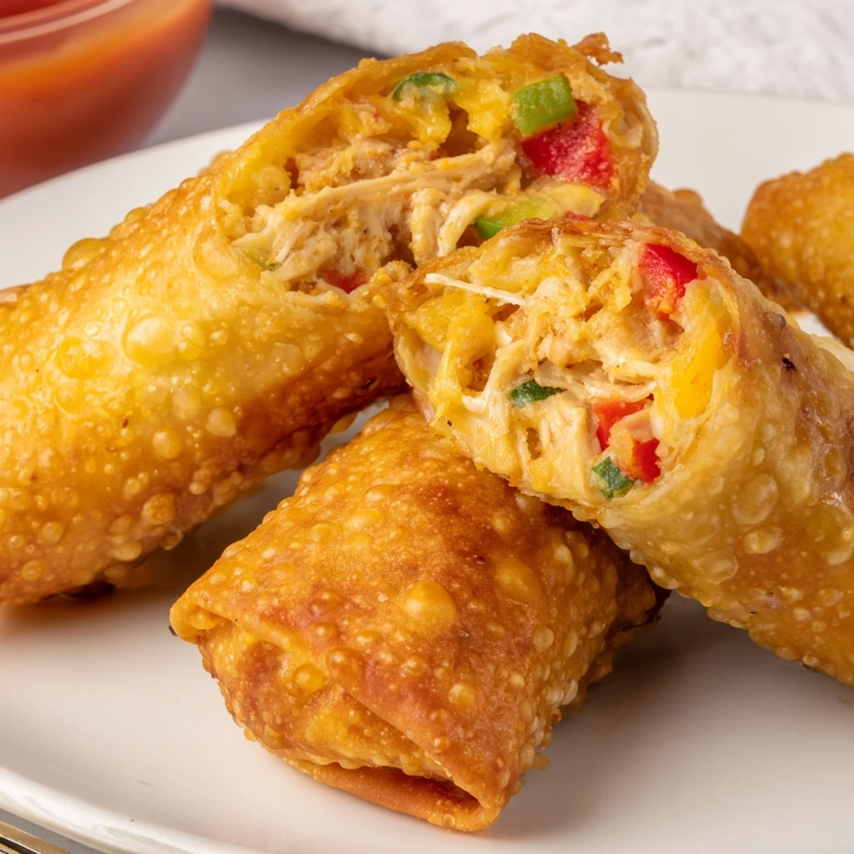 Close-up of voodoo egg rolls revealing smoky Cajun chicken and pepper filling inside