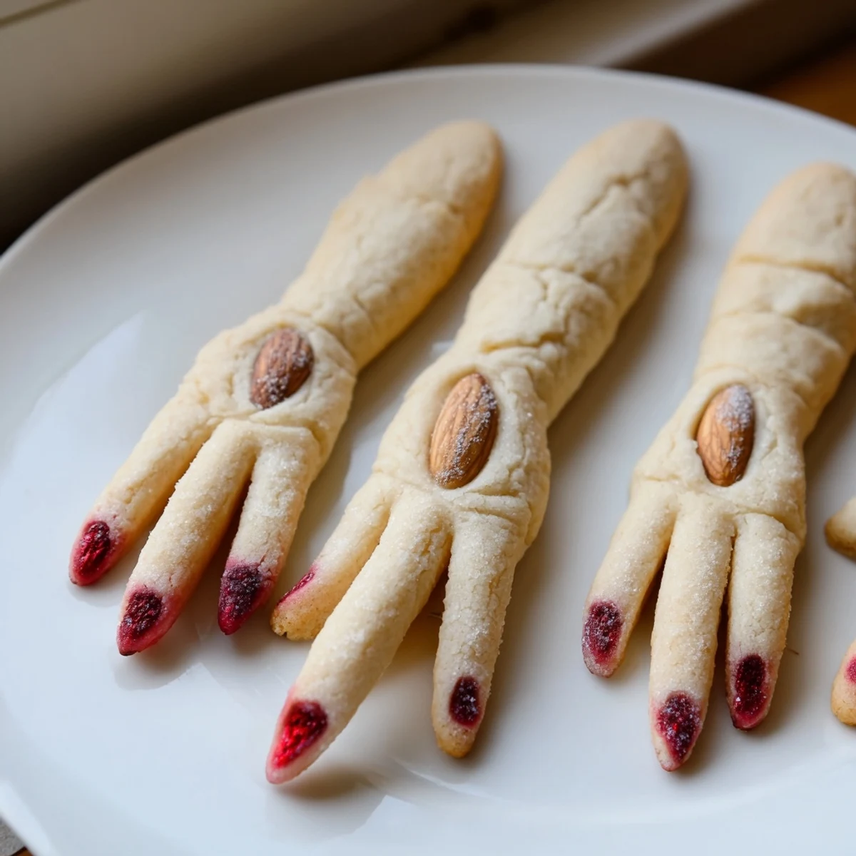 Creepy Witch Finger Cookies with bloody almond nails on a spooky Halloween platter