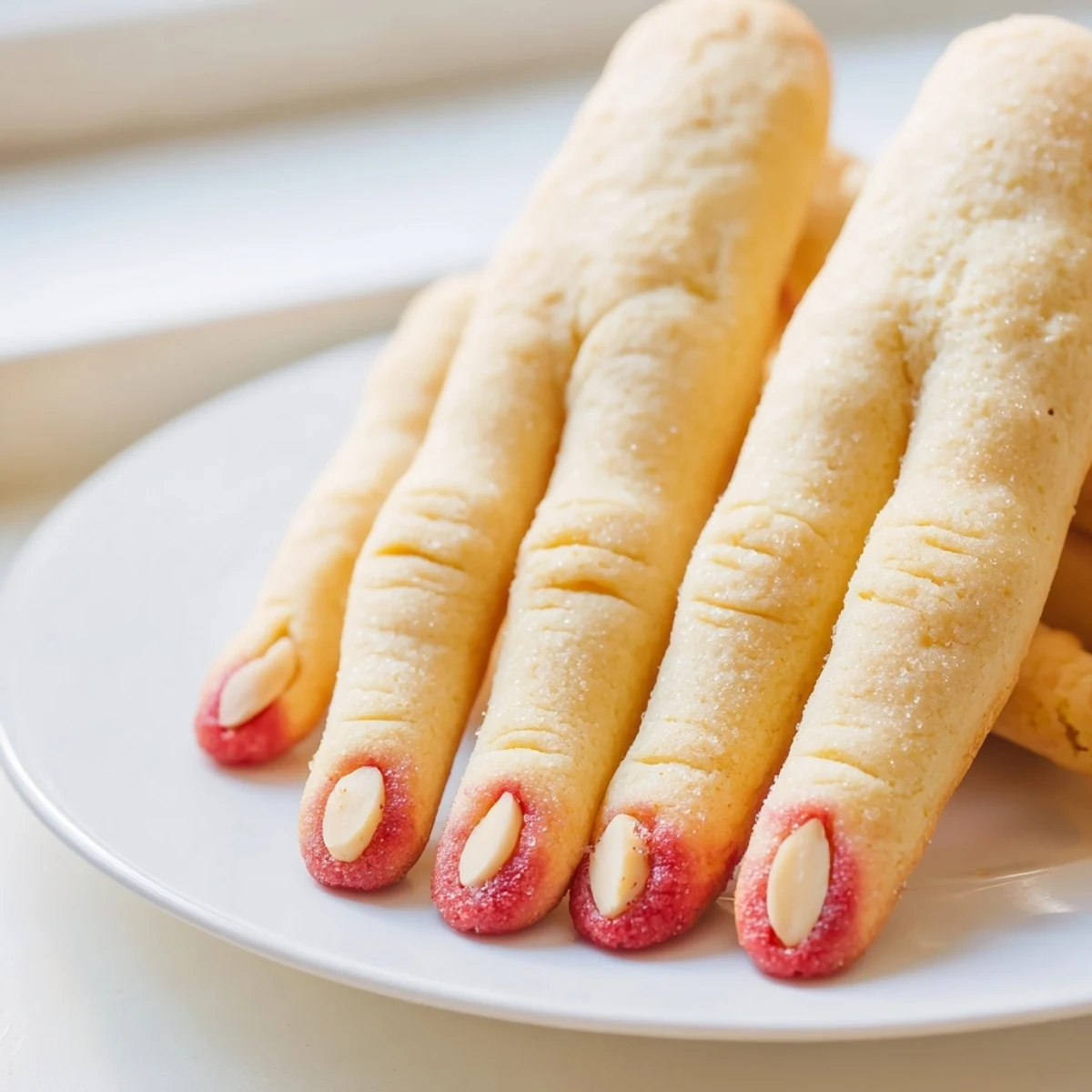 Golden creepy Witch Finger Cookies arranged on parchment fresh from the oven