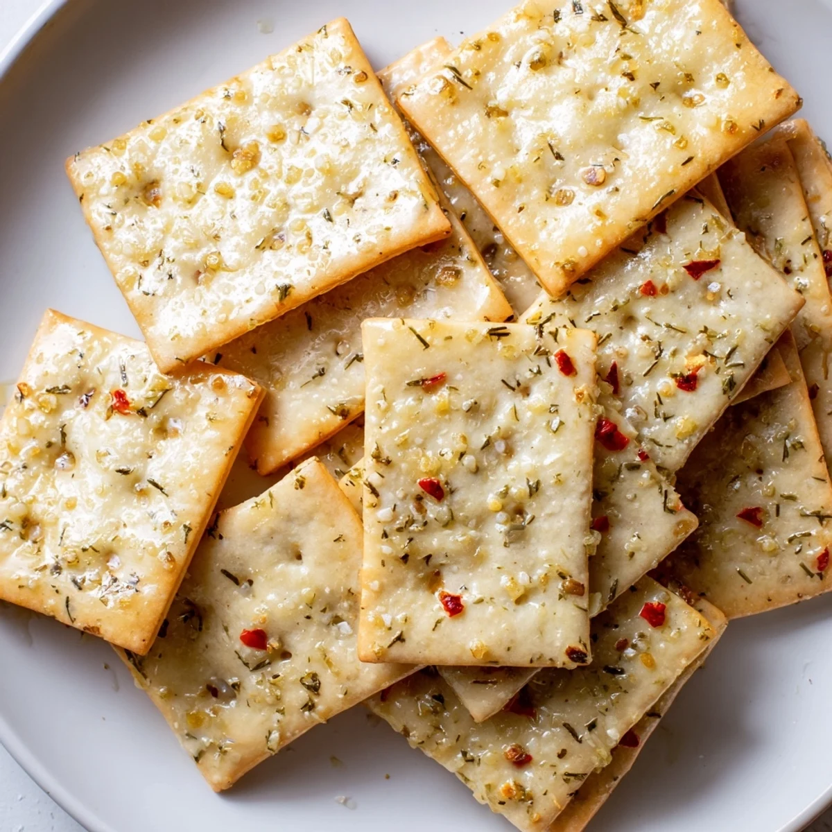 Crispy golden Dill Pickle Saltines brushed with herbed butter fresh from the oven