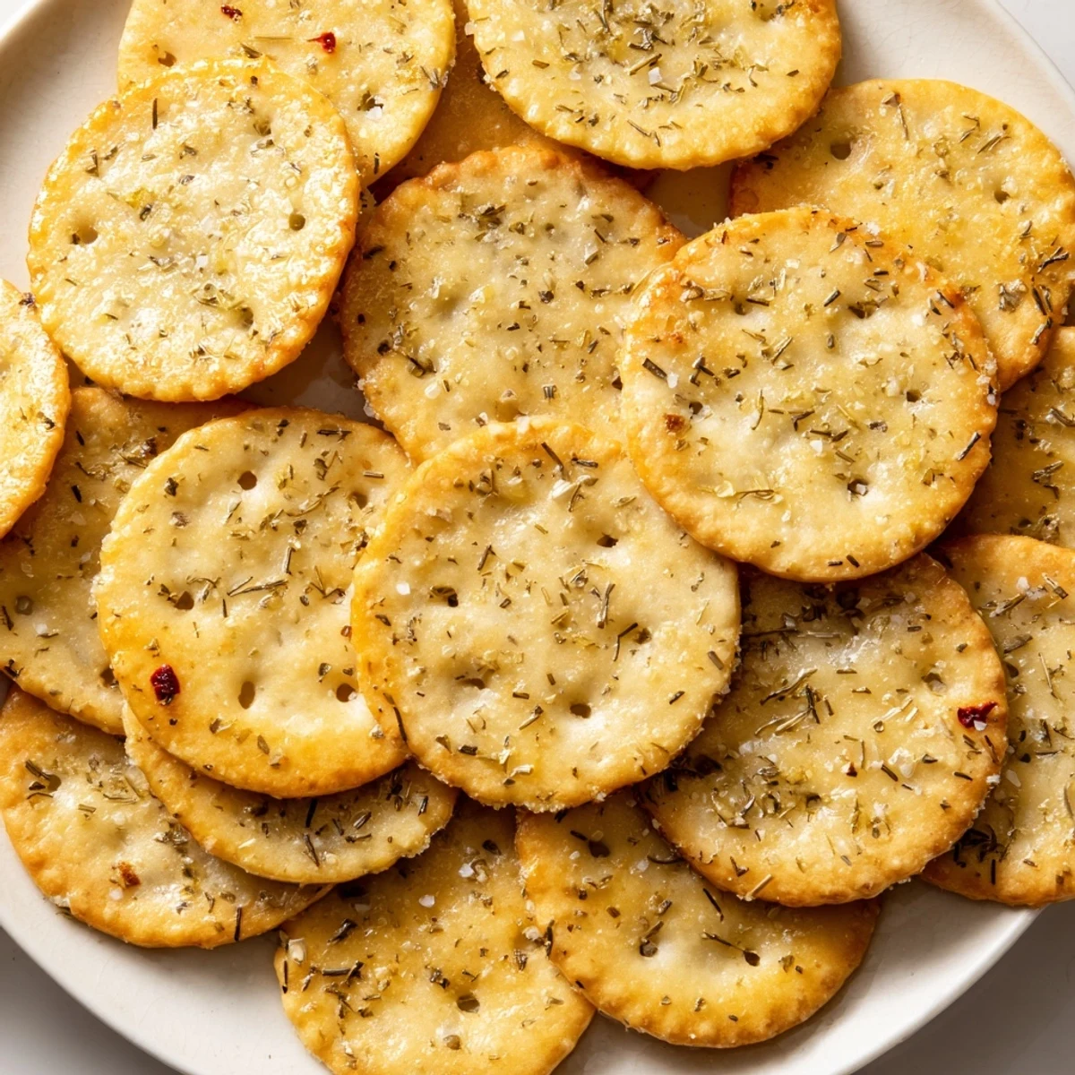 Dill Pickle Saltines arranged on parchment glistening with tangy garlic dill seasoning