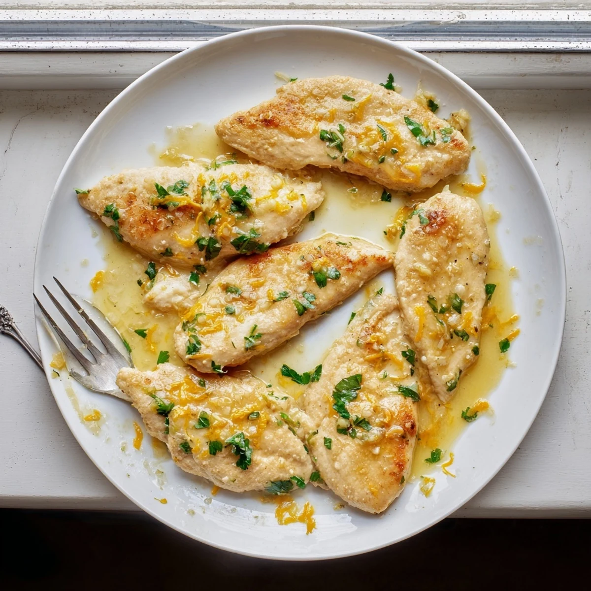 Golden lemon garlic butter chicken draped in a glossy citrus pan sauce
