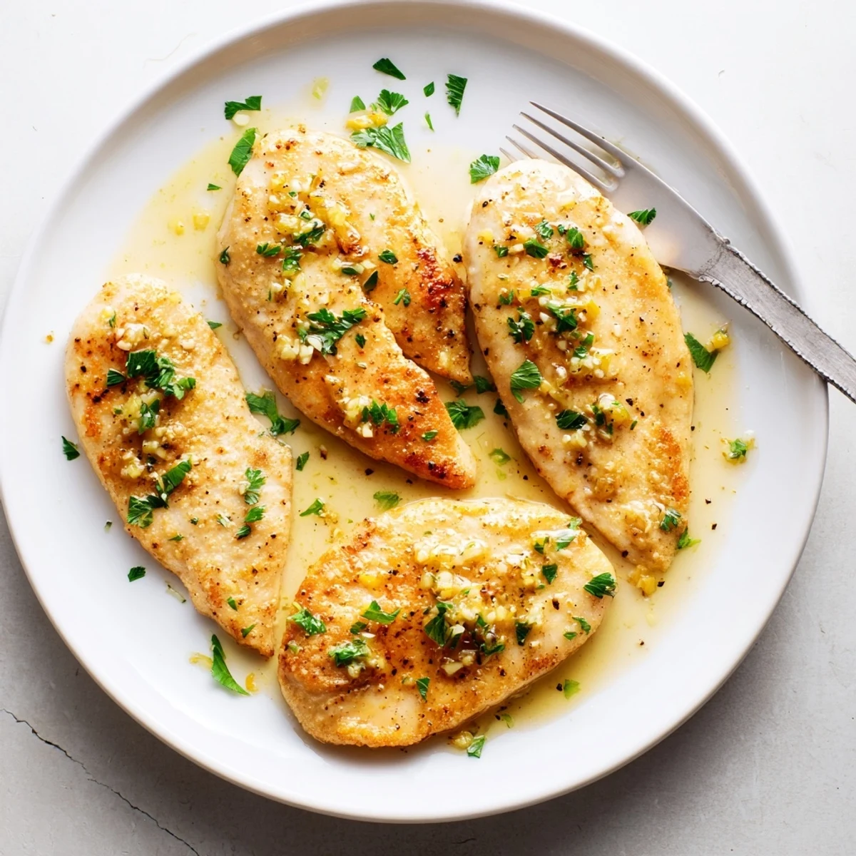 Sizzling skillet of lemon garlic butter chicken garnished with fresh green parsley