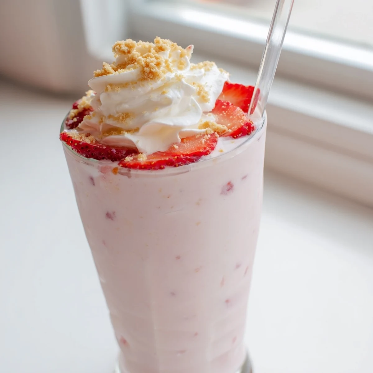 Tall glass of strawberry cheesecake milkshake topped with whipped cream and graham cracker crumbs