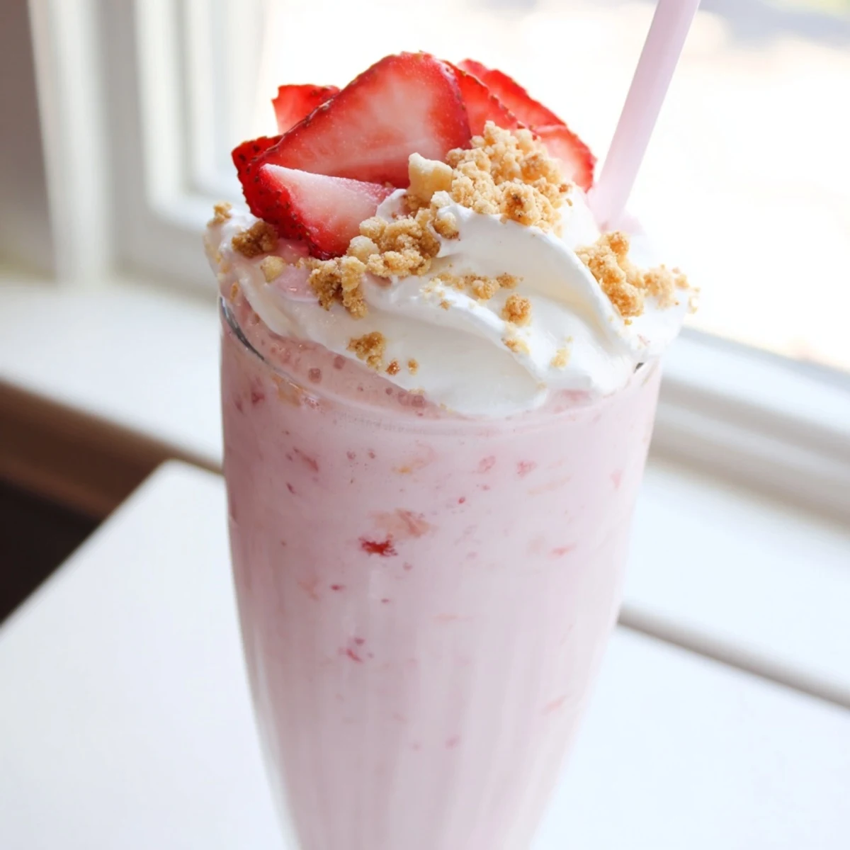 Creamy strawberry cheesecake milkshake drizzled with graham cracker crumbs and a strawberry on top