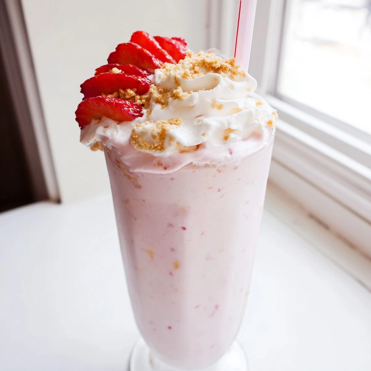 Thick pink strawberry cheesecake milkshake garnished with fresh sliced strawberries in a tall glass