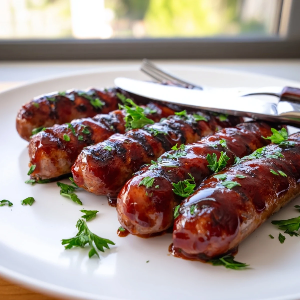 Juicy sausages glistening with tangy BBQ glaze on a hot grill