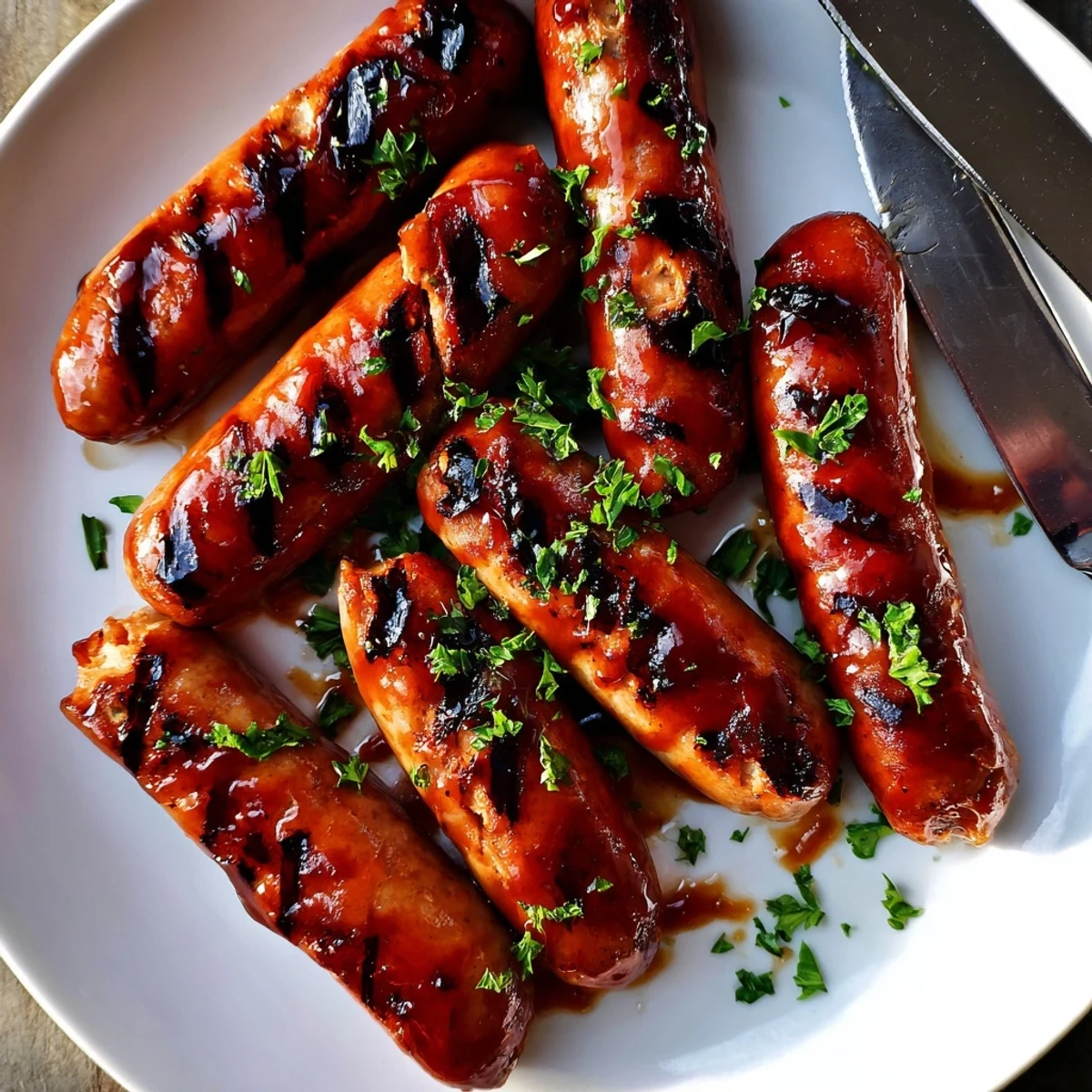 Smoky BBQ sausage recipe served in toasted buns with fresh parsley