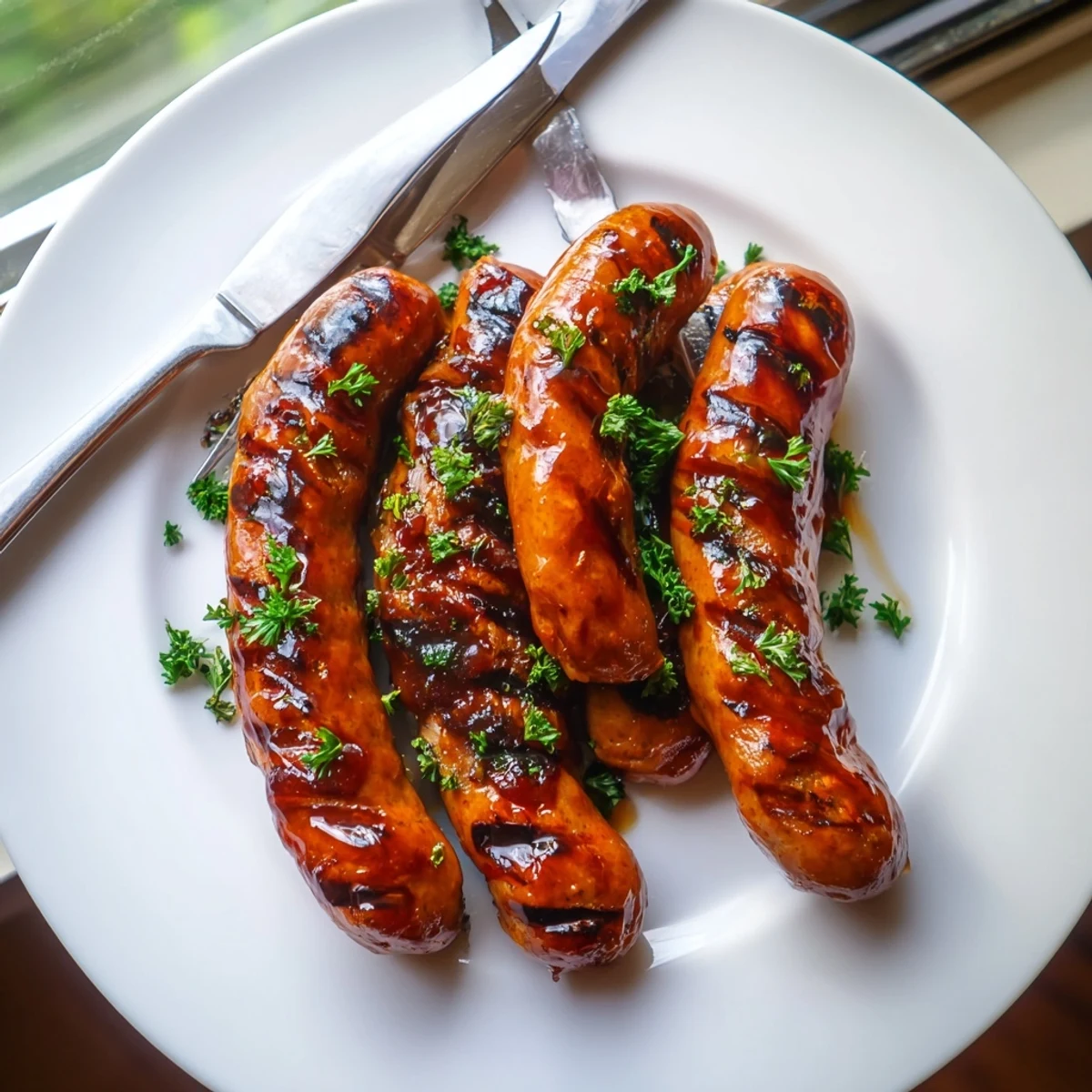 Caramelized barbecue sausages sliced open revealing tender meat alongside pickled onions