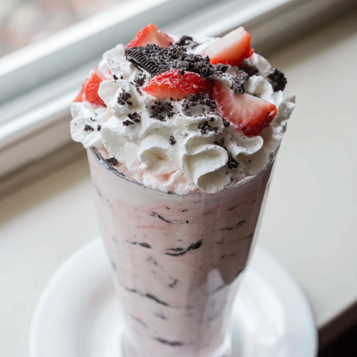 Thick pink strawberry Oreo milkshake topped with whipped cream and crushed cookies