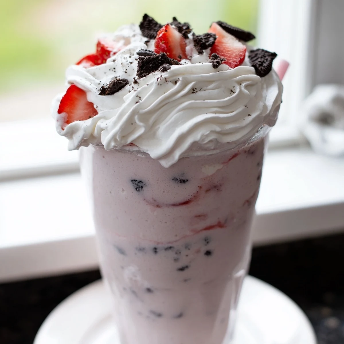 Creamy strawberry Oreo milkshake poured into a chilled glass with fresh strawberry slices