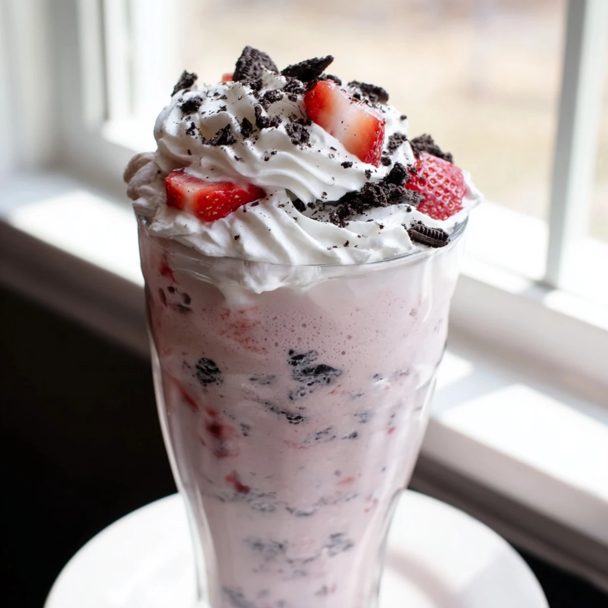 Rich strawberry Oreo milkshake drizzled with chocolate and garnished with a whole Oreo