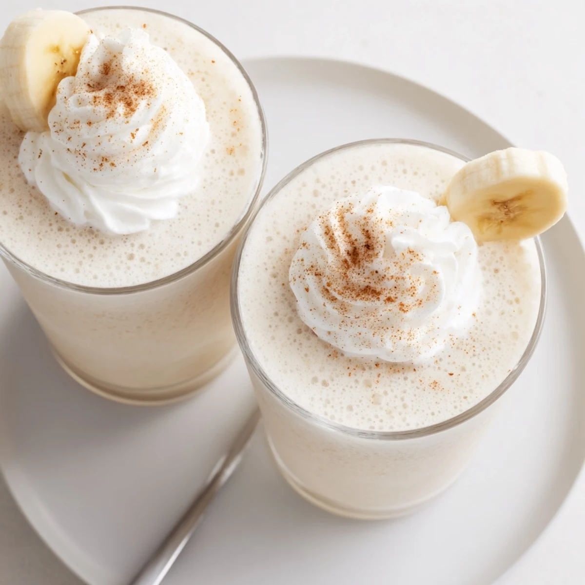Frosty Vanilla Banana Shake topped with whipped cream and cinnamon sprinkle
