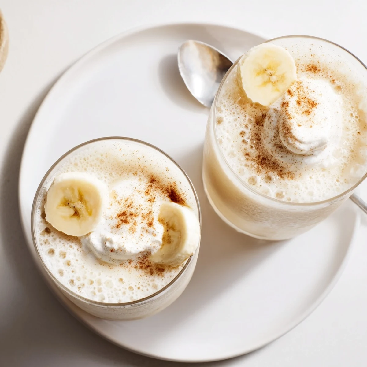 Two serving glasses of Vanilla Banana Shake beside a blender, ready-to-drink