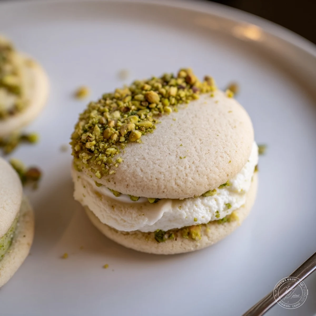 A plate of Pistachio Cream Cookies Recipe, tender, nutty centers, chopped pistachios