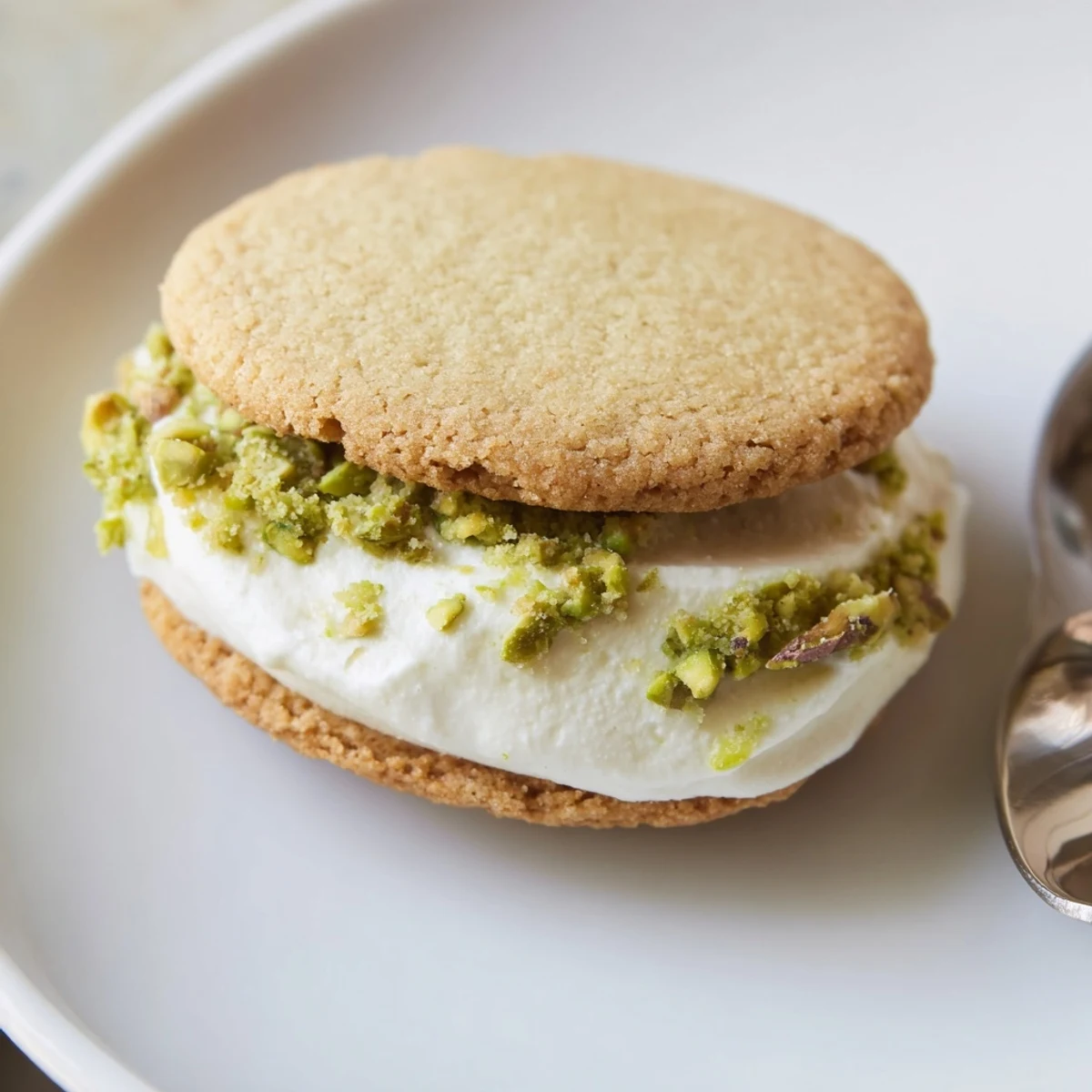 Pistachio Cream Cookies Recipe on parchment, dusted powdered sugar, ready for tea