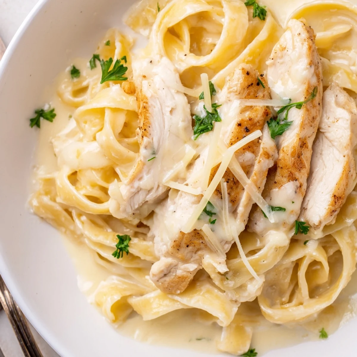 A steaming bowl of Creamy Garlic Chicken Pasta topped with Parmesan.