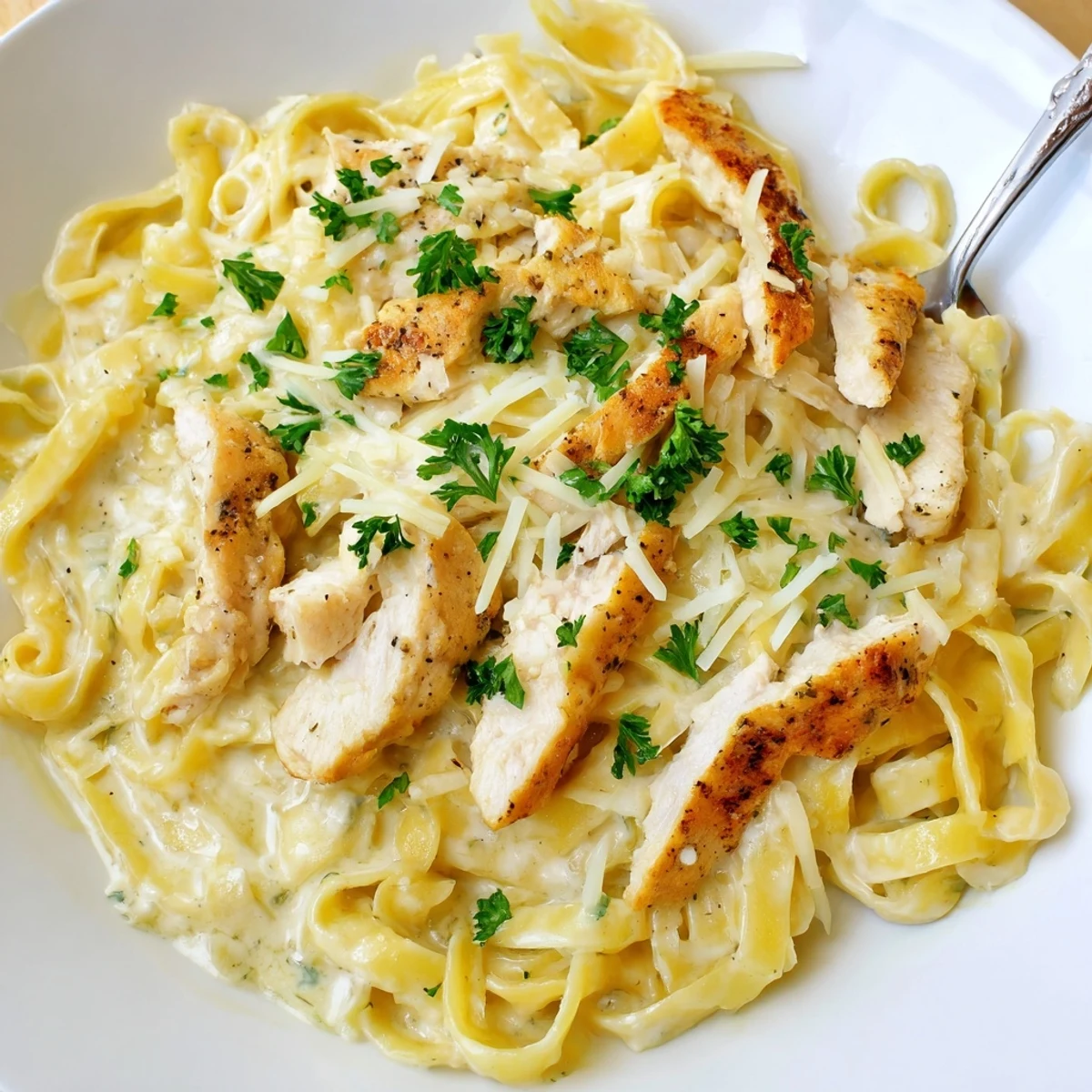 Creamy Garlic Chicken Pasta with sliced tender chicken, silky sauce, parsley garnish.