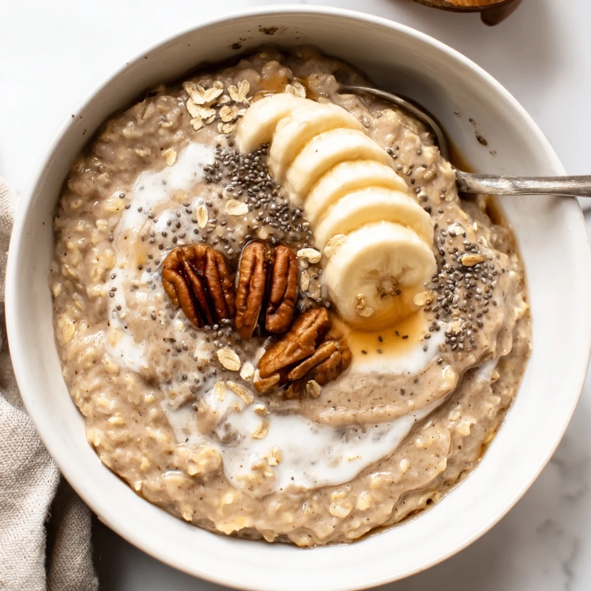 Brown Sugar Coffee Overnight Oats topped with sliced banana and toasted pecans.