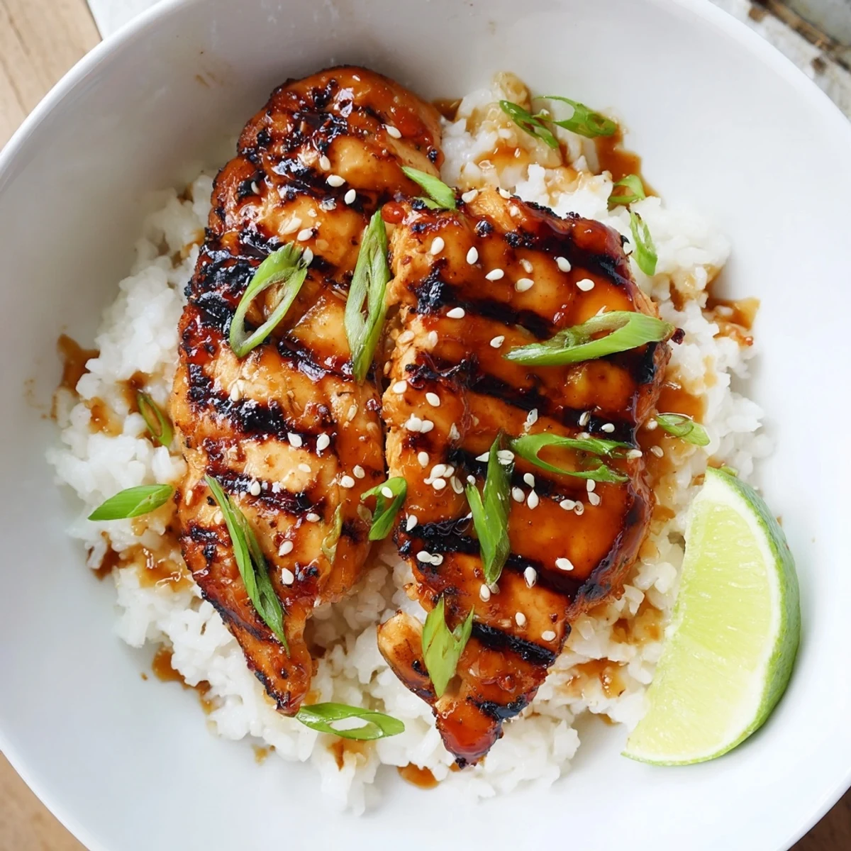 A plate of Spicy Maple Chicken And Coconut Rice served hot with lime wedges