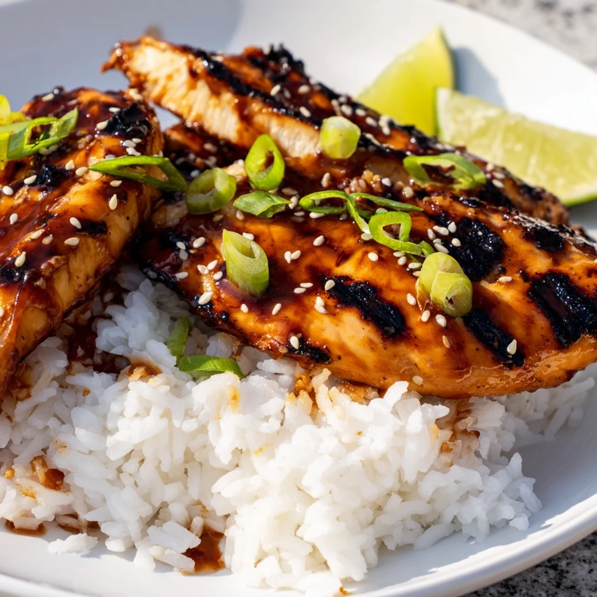 Tender, caramelized Spicy Maple Chicken And Coconut Rice topped with toasted sesame seeds