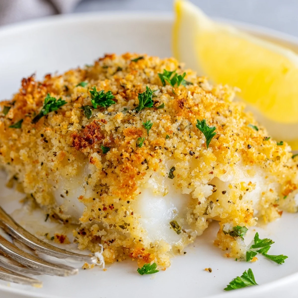 Boston Baked Cod with golden breadcrumb crust, flaky fillets and lemon wedges