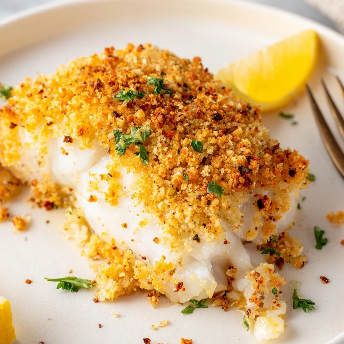 Oven-roasted Boston Baked Cod topped with buttery crumbs, parsley, and citrus