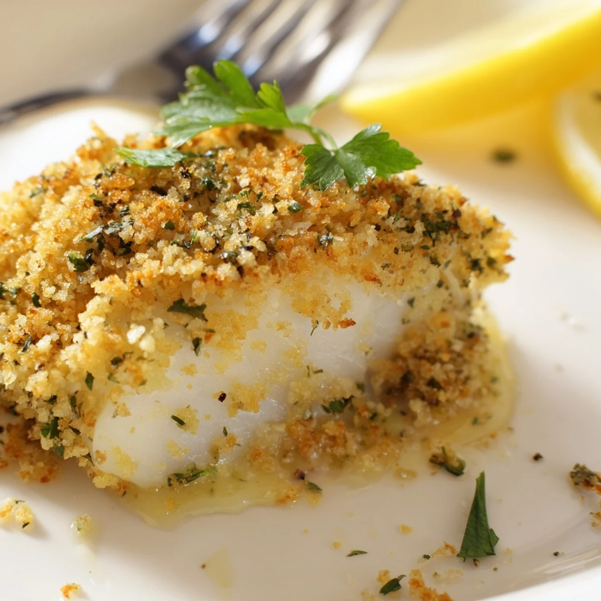 Homestyle Boston Baked Cod steaming on plate, crunchy topping and tangy lemon