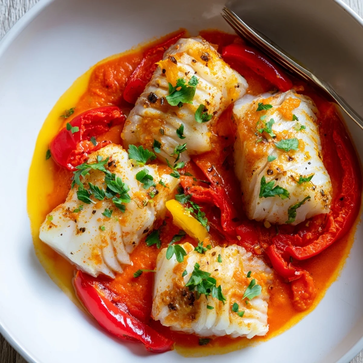 Tender fillets nestled in Cod In Roasted Red Pepper Sauce, silky and smoky
