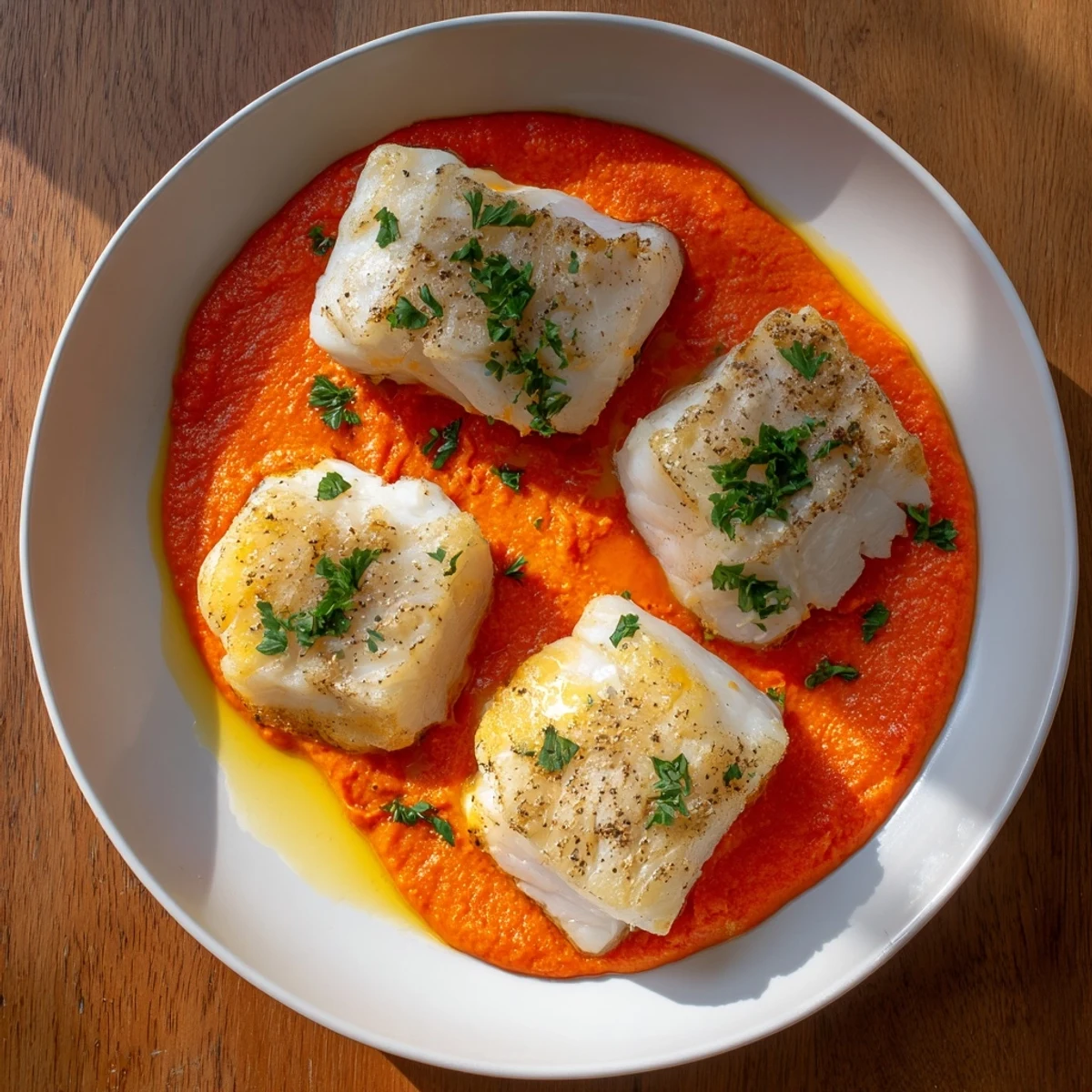 Cod In Roasted Red Pepper Sauce showcasing poached, flaky cod with lemon wedges