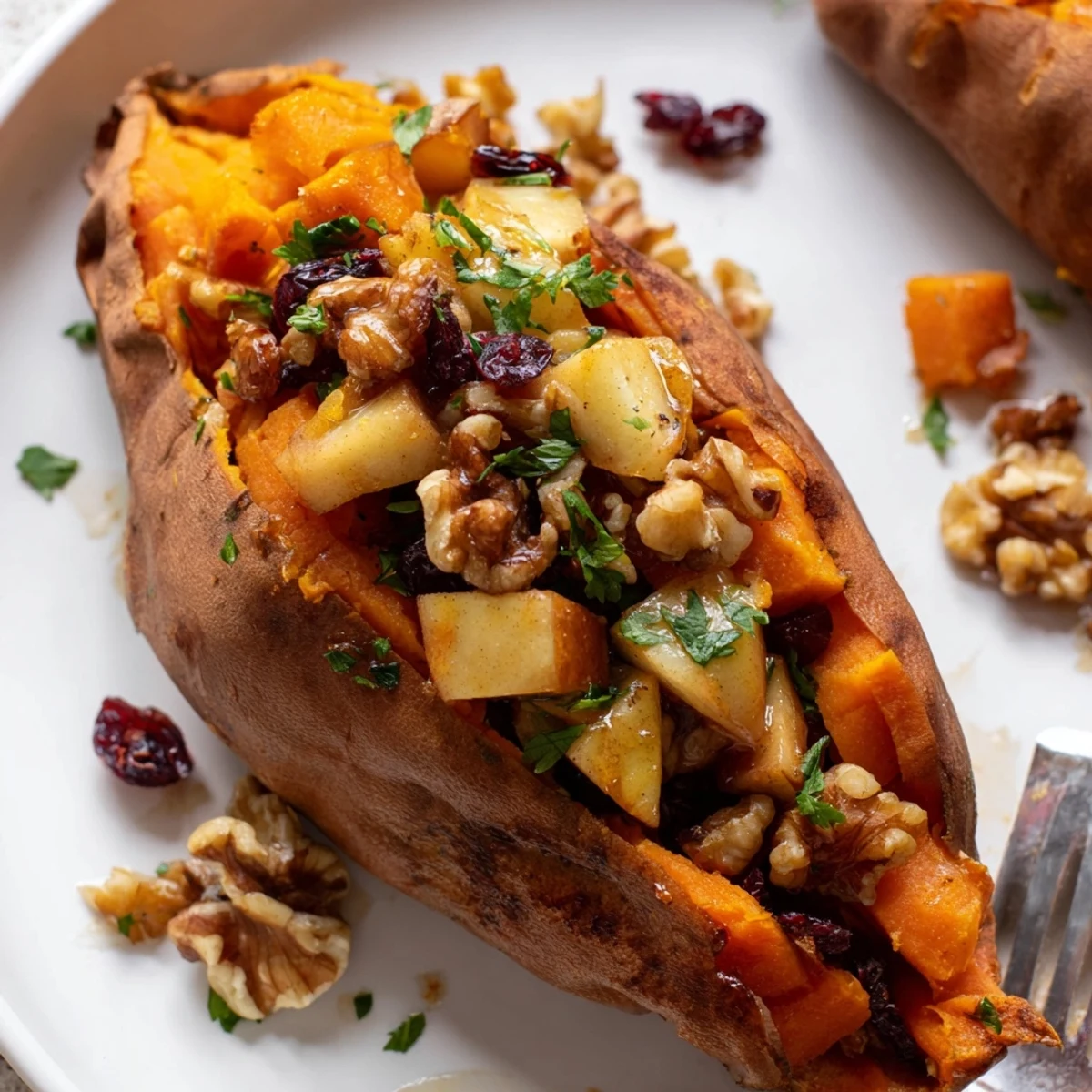 Warm Stuffed Sweet Potatoes With Apples, tender centers, cinnamon aroma, crunchy walnuts.