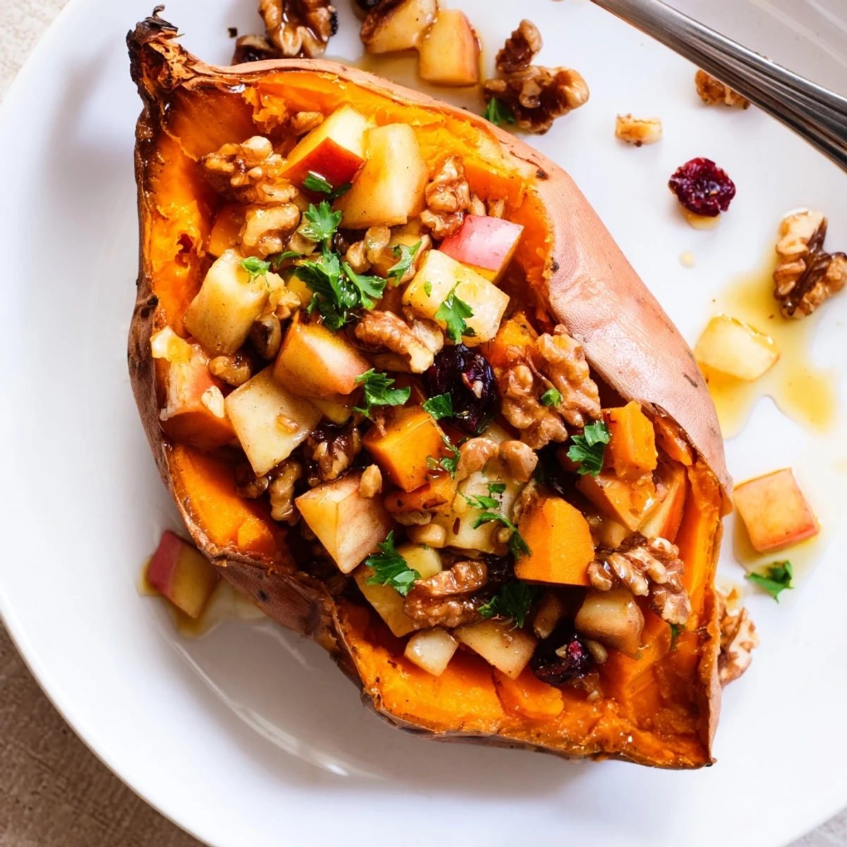 Oven-roasted Stuffed Sweet Potatoes With Apples on baking sheet, maple-glazed filling.