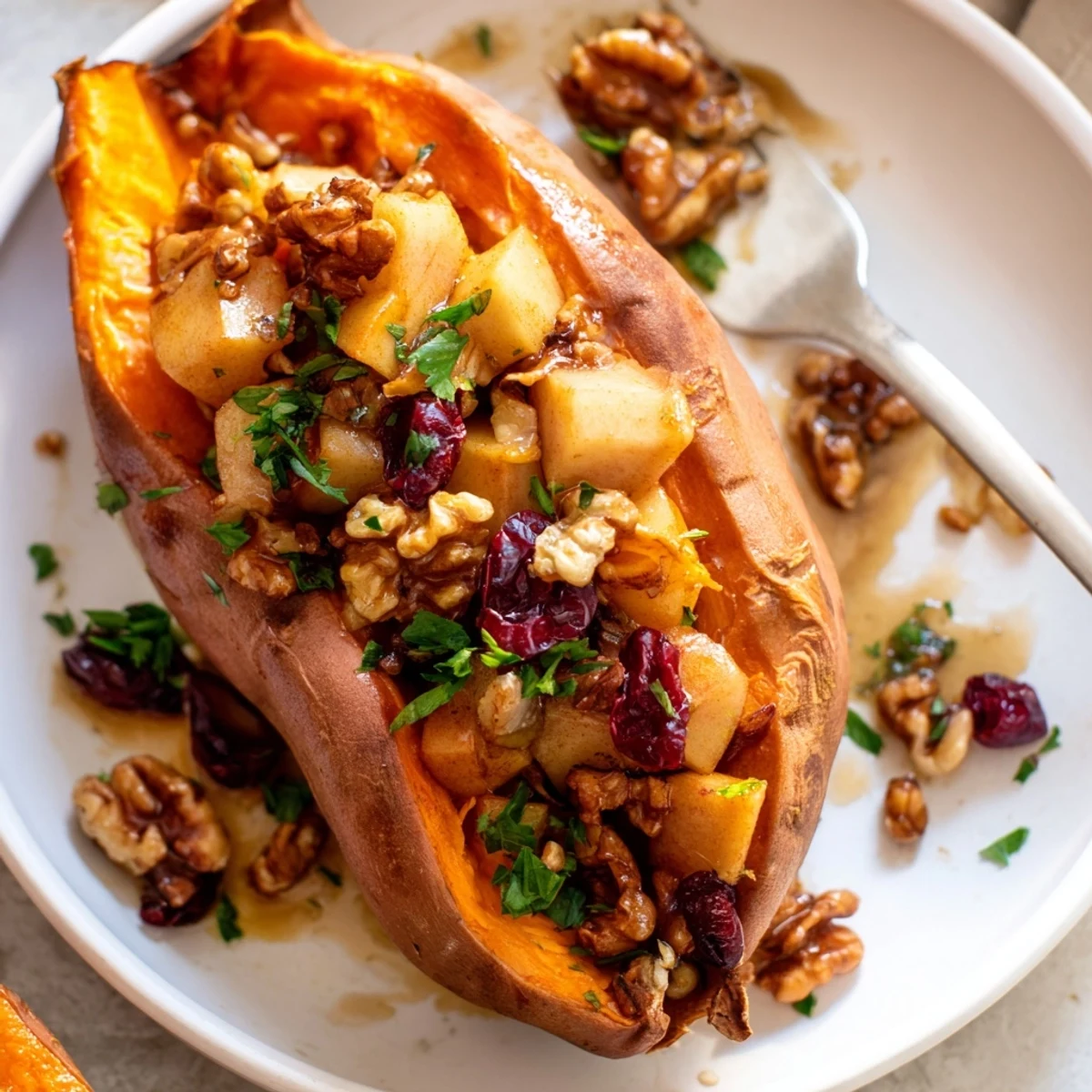Stuffed Sweet Potatoes With Apples garnished with cranberries and fresh parsley.