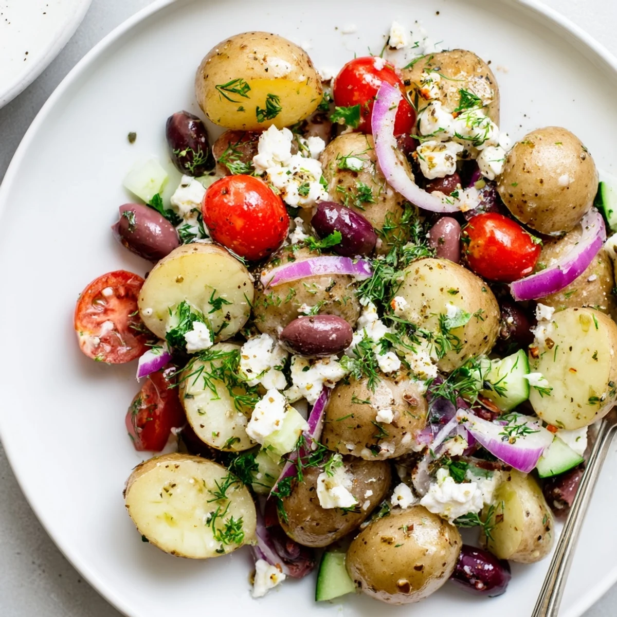 Olive Greek Potato Salad with creamy potatoes, briny olives, bright lemon dressing
