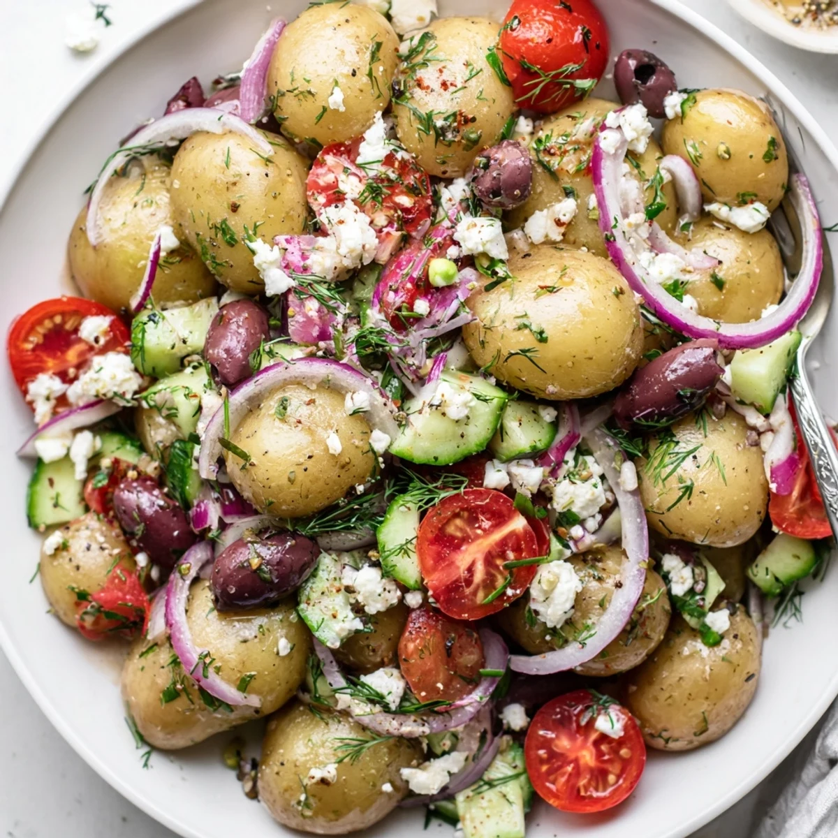Chilled Olive Greek Potato Salad garnished with crumbled feta, fresh dill